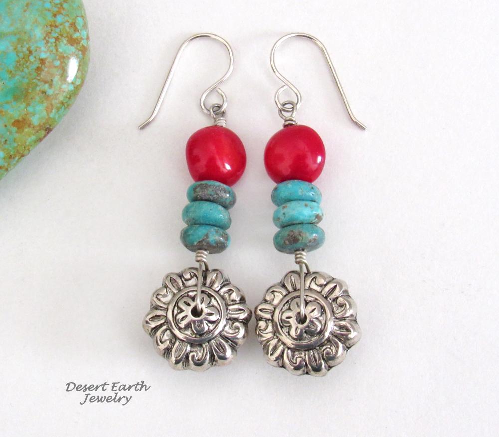 Turquoise Red Coral Silver Tone Flower Earrings Bright Colorful Boho Sundance Style Jewelry